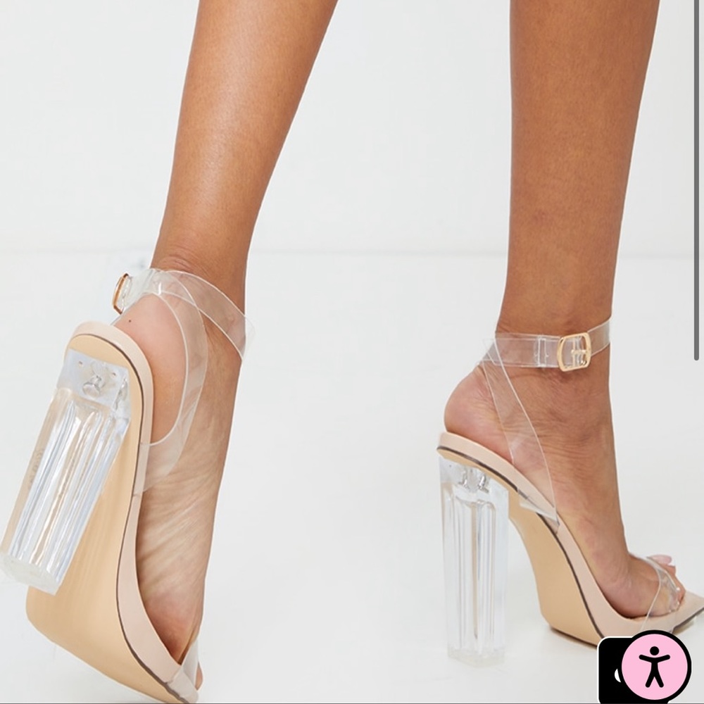 PrettyLittleThing Nude Wide Fit Clear High Block Heel Strappy Heel Sanda…